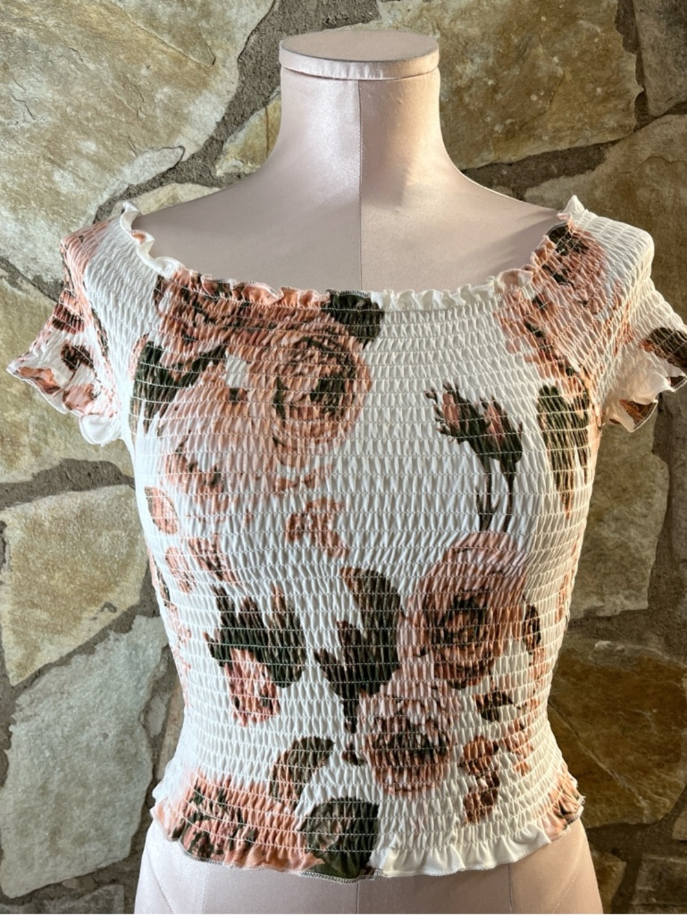 Orange Kiss Floral Smocked Off-Shoulder Top M | Romantic Ruffle Blouse